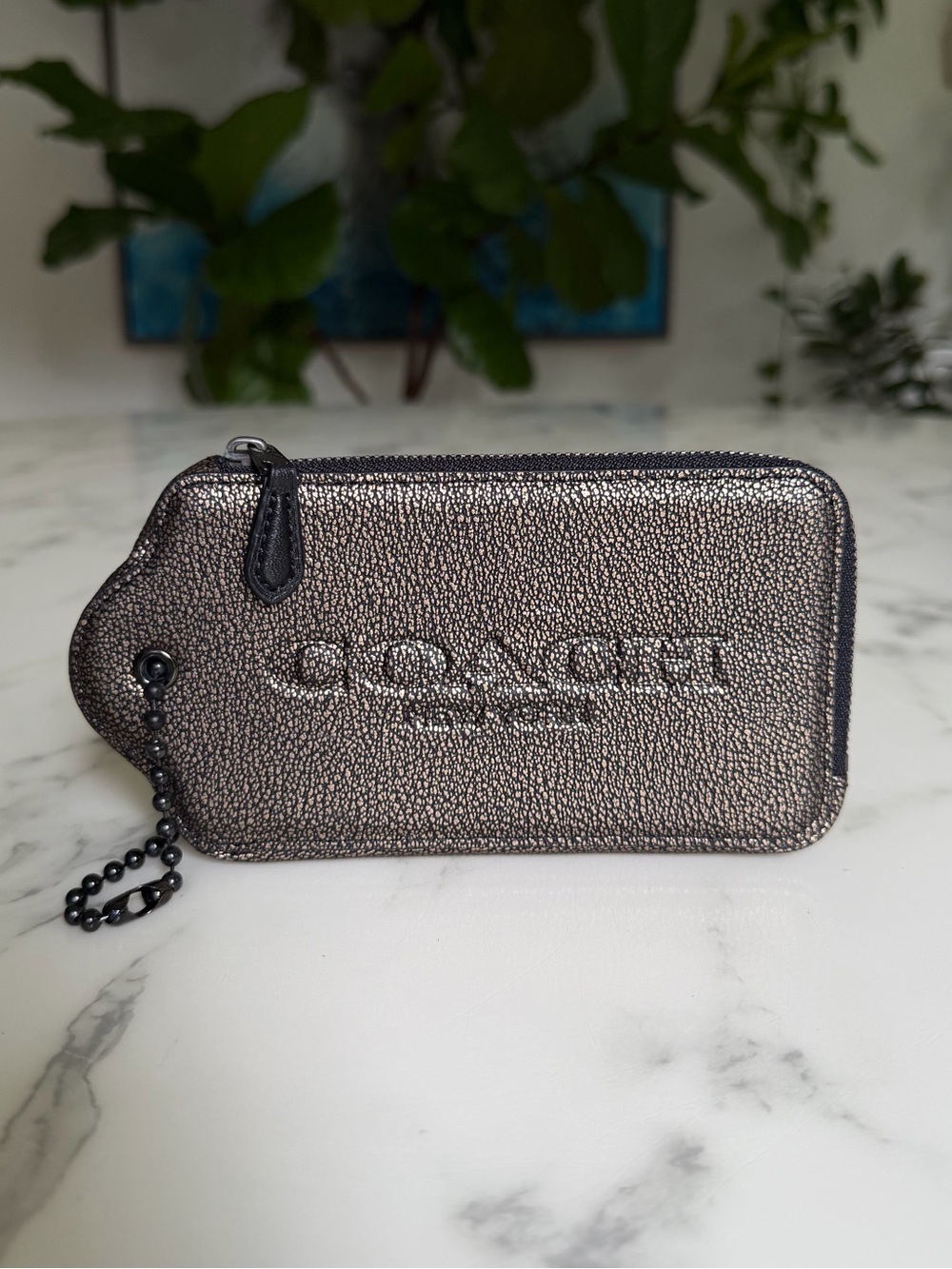 COACH Metallic Bronze Gold Leather XL Hangtag Multifunction Case Pouch Bag Charm